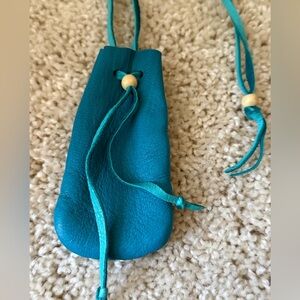 Native American Medicine Bag Teal Leather Pouch with Bead Accents